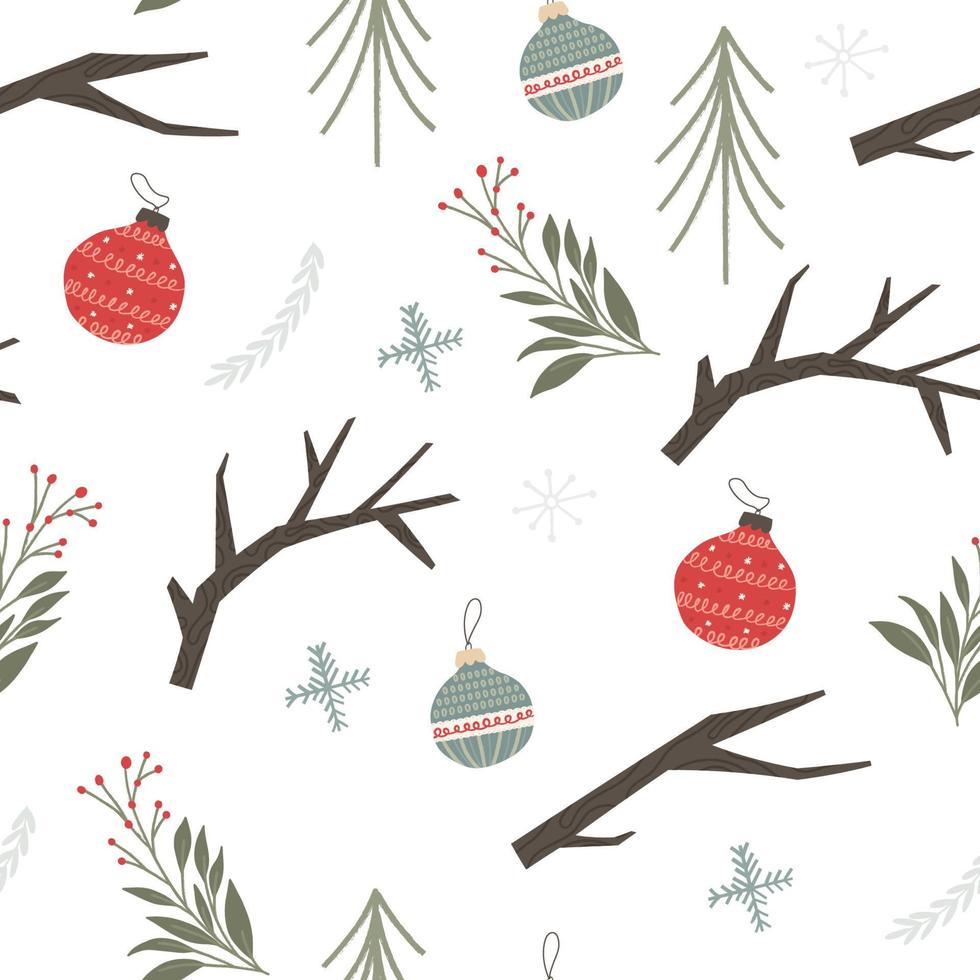 Winter holidays seamless pattern with ornaments, snowflakes, branches and plants - flat vector illustration on white. Cute background with textured elements.