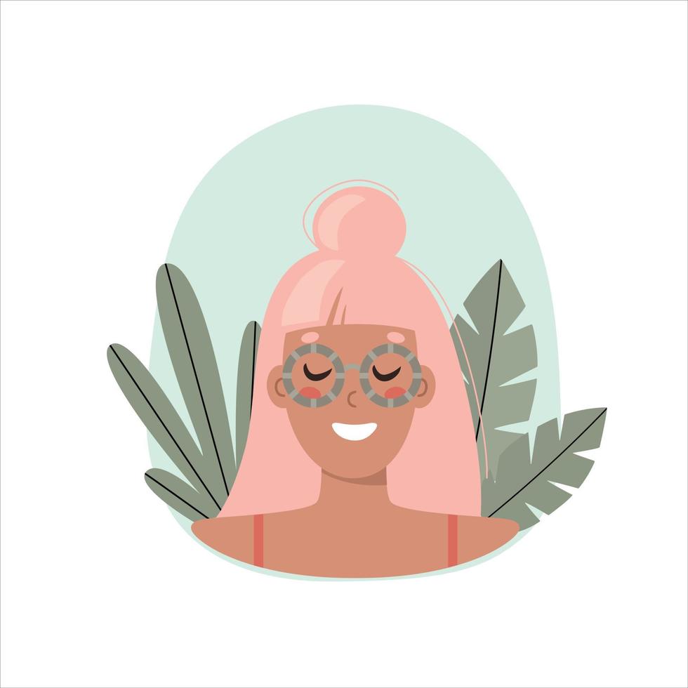 retrato de una mujer joven con cabello rosado y anteojos en el fondo de las plantas, ilustración plana. vector