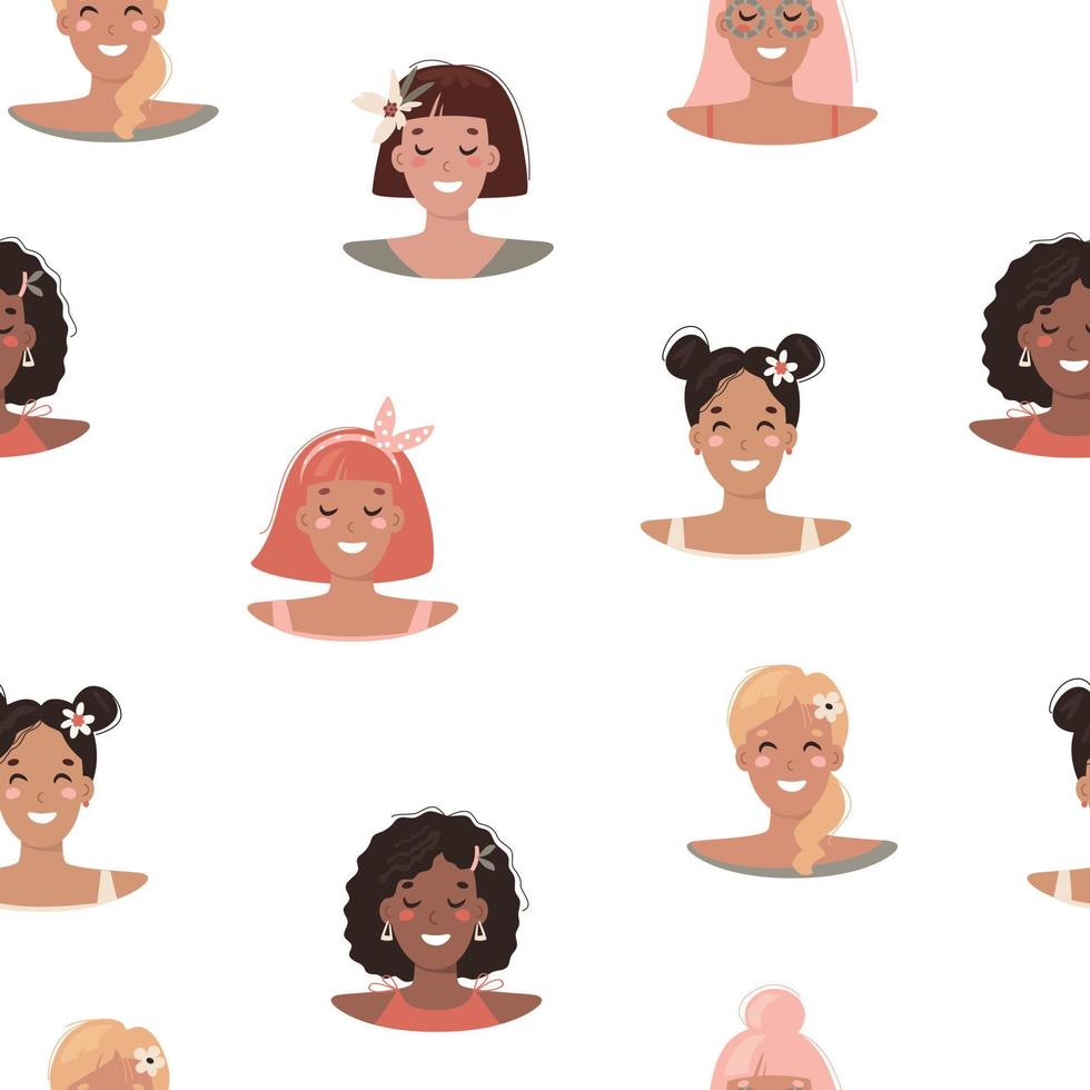 Seamless pattern with young women of different races, vector flat cartoon illustration.