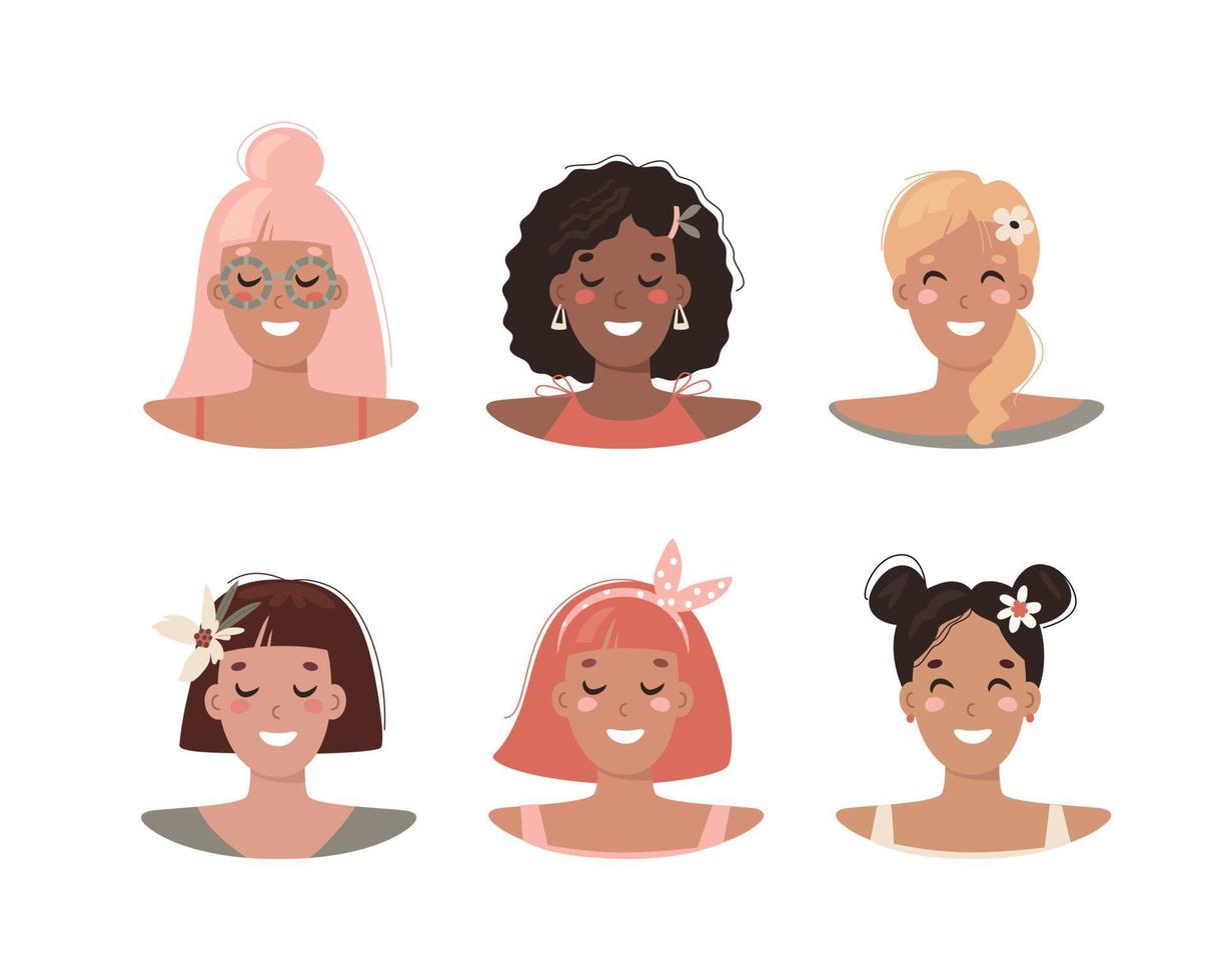 Set of portraits with young women of different races, vector flat illustration.