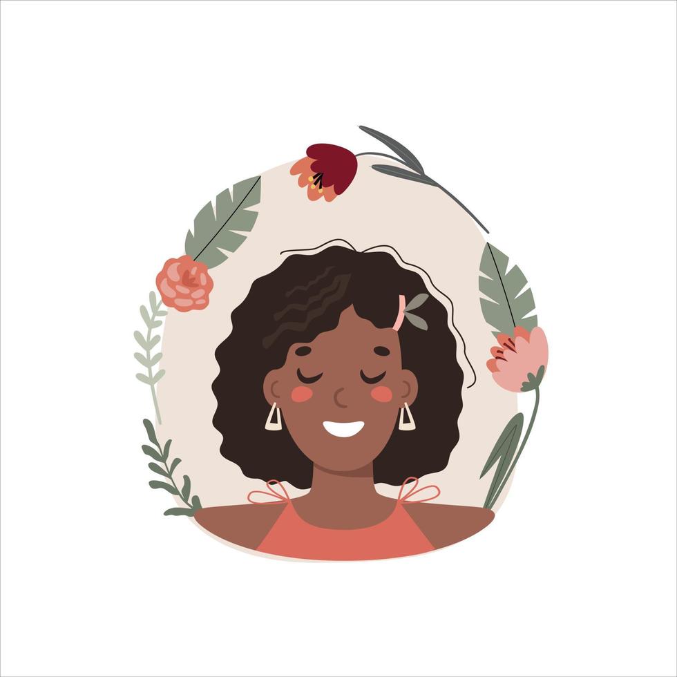 retrato de una joven americana en el fondo de las plantas, ilustración plana. vector