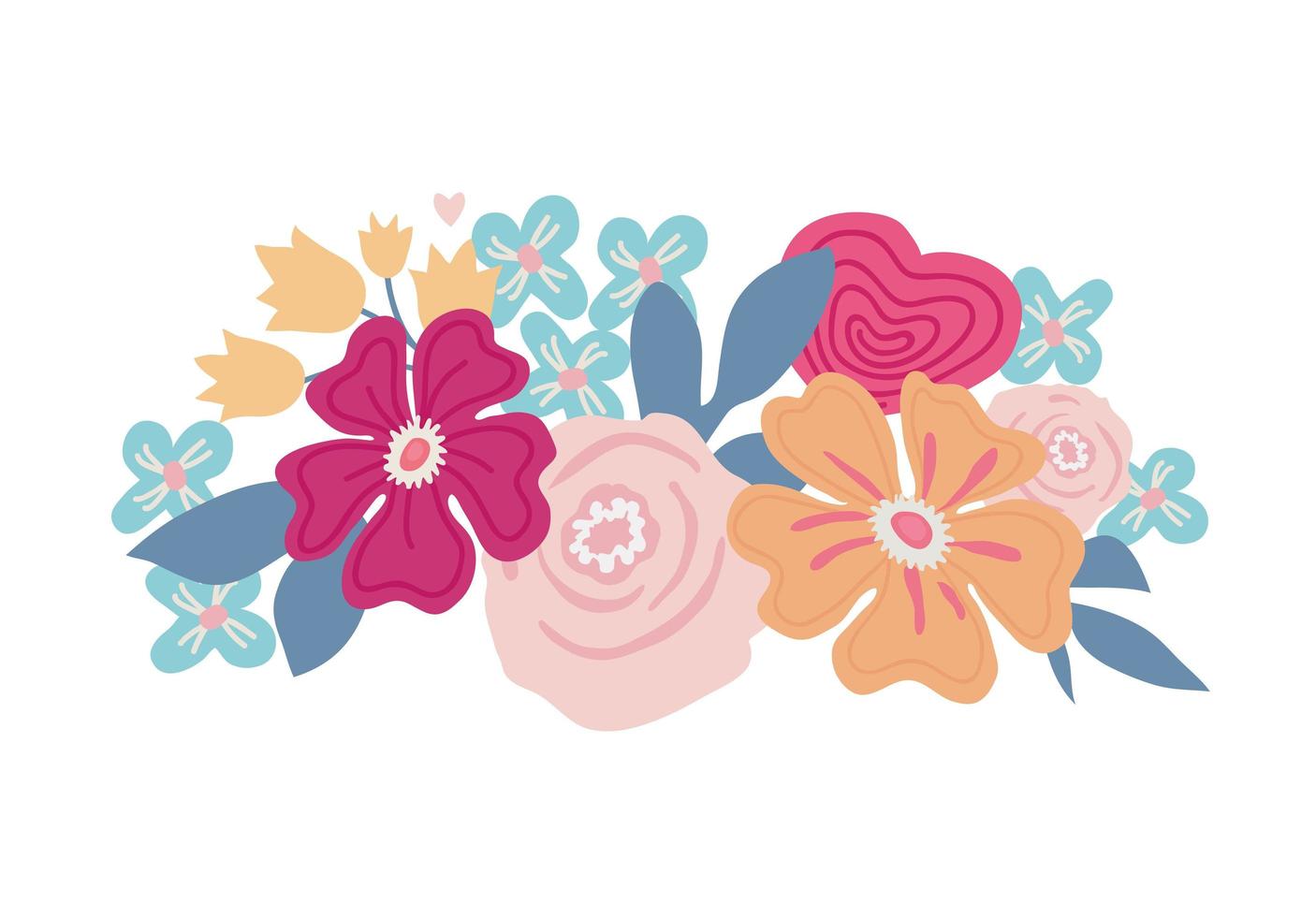 hermosas flores y hojas dibujadas a mano en un ramo. rosas, nomeolvides, campanillas, margaritas. ilustración vectorial plana, para el día de la mujer, cumpleaños, boda, estilo retro vector