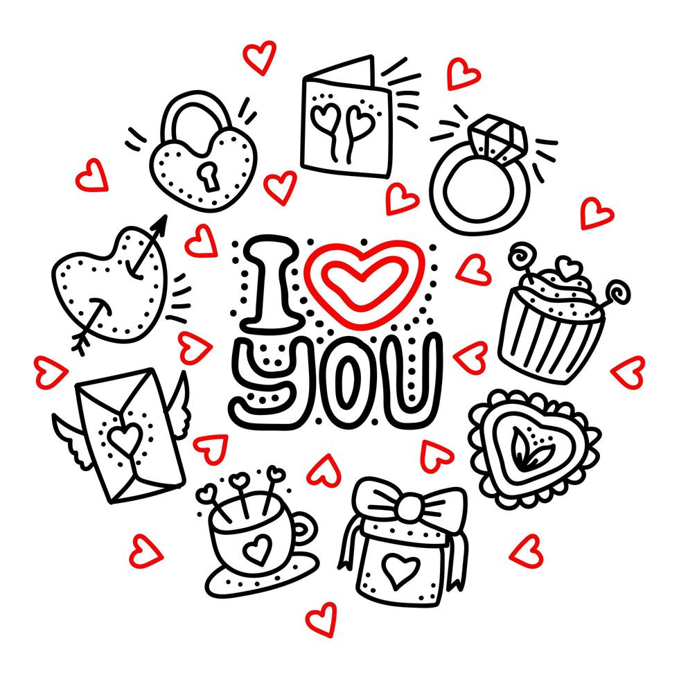 Set of hand drawn Valentines day Doodle vector icons. Valentine day Love Hearts, mug, gift, cupcakes, card, letters, ring, lock, envelope messages icons