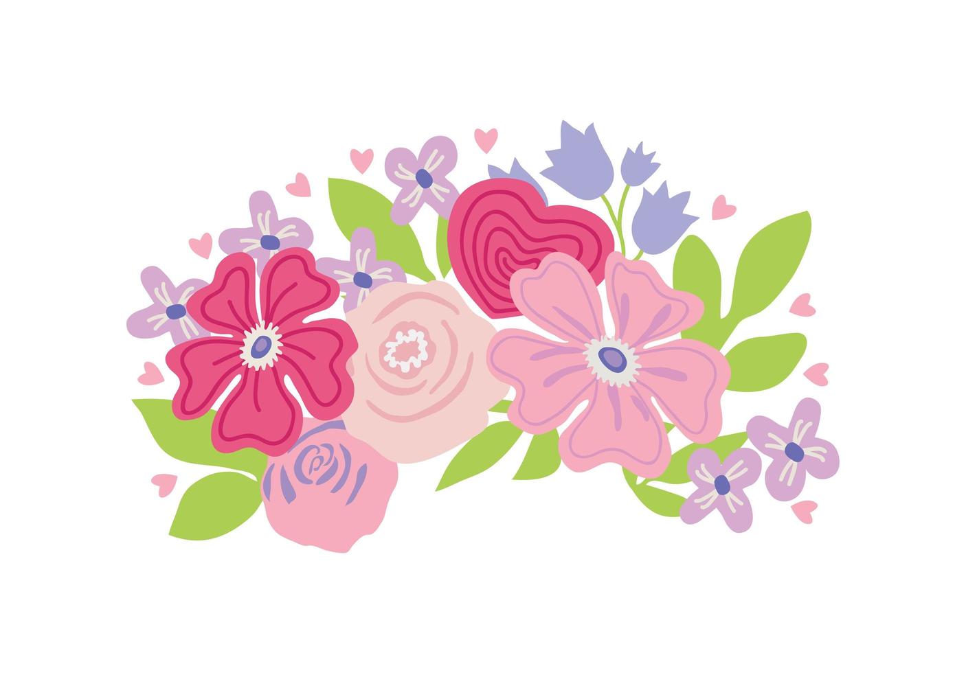 Beautiful cute hand drawn flowers and leaves in a bouquet. Roses, forget-me-nots, bluebells, daisies. Vector flat illustration, for Womens Day, birthday, wedding, retro style