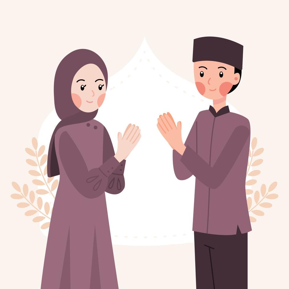 linda pareja musulmana celebrando el vector de concepto de saludo de eid y ramadán