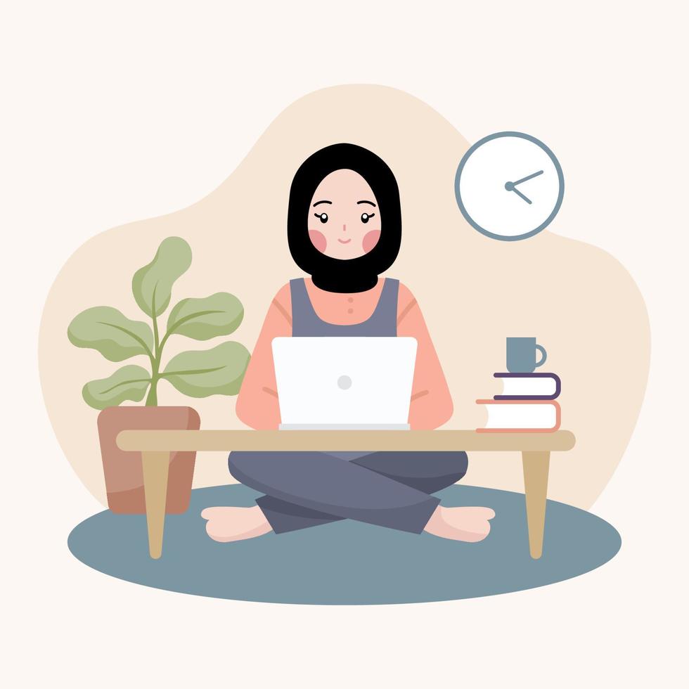 Girl wear hijab working from home as freelancer vector flat