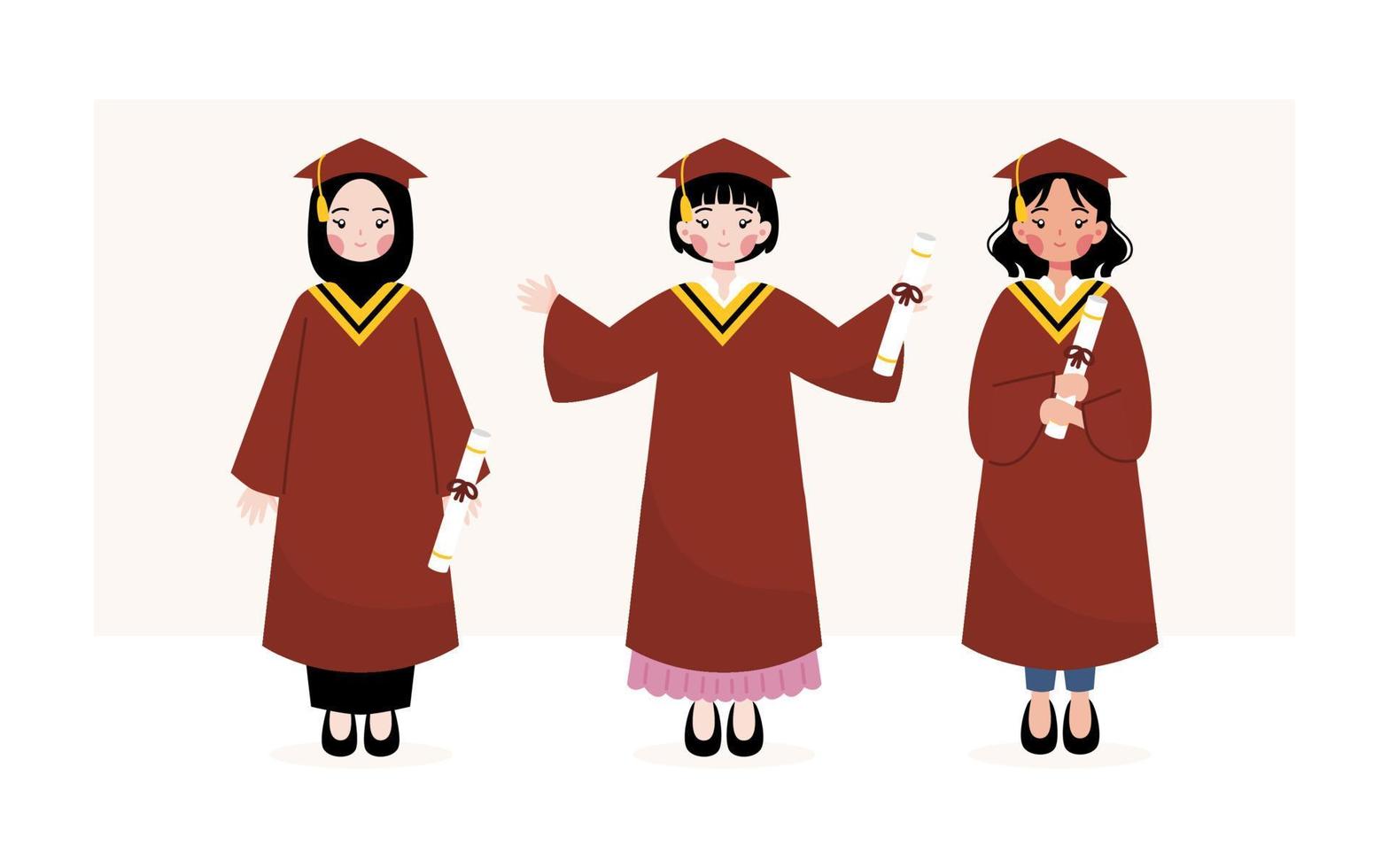 Cute woman cartoon character in graduation gown illustration vector