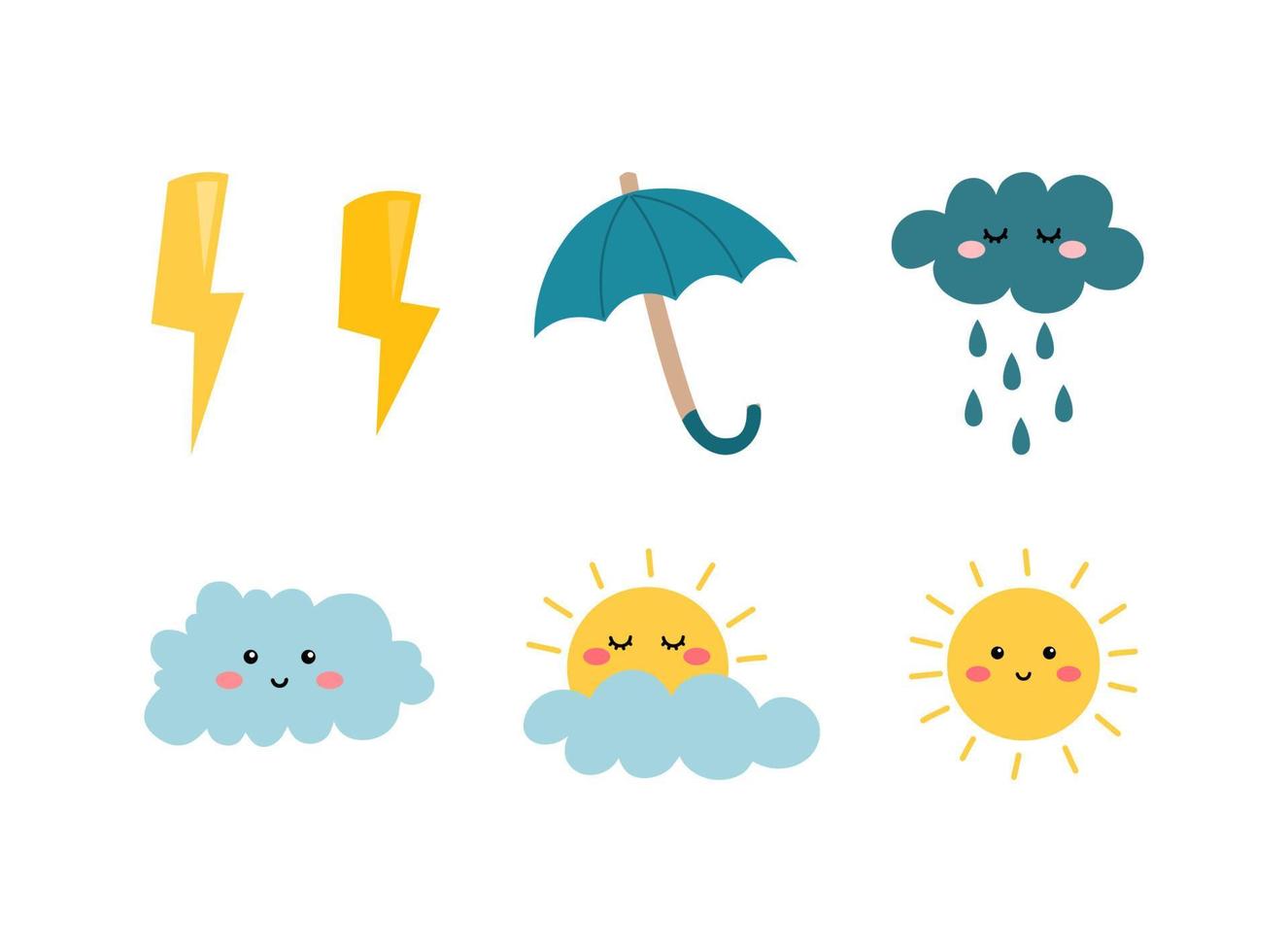 Collection of cute weather clipart vector flat