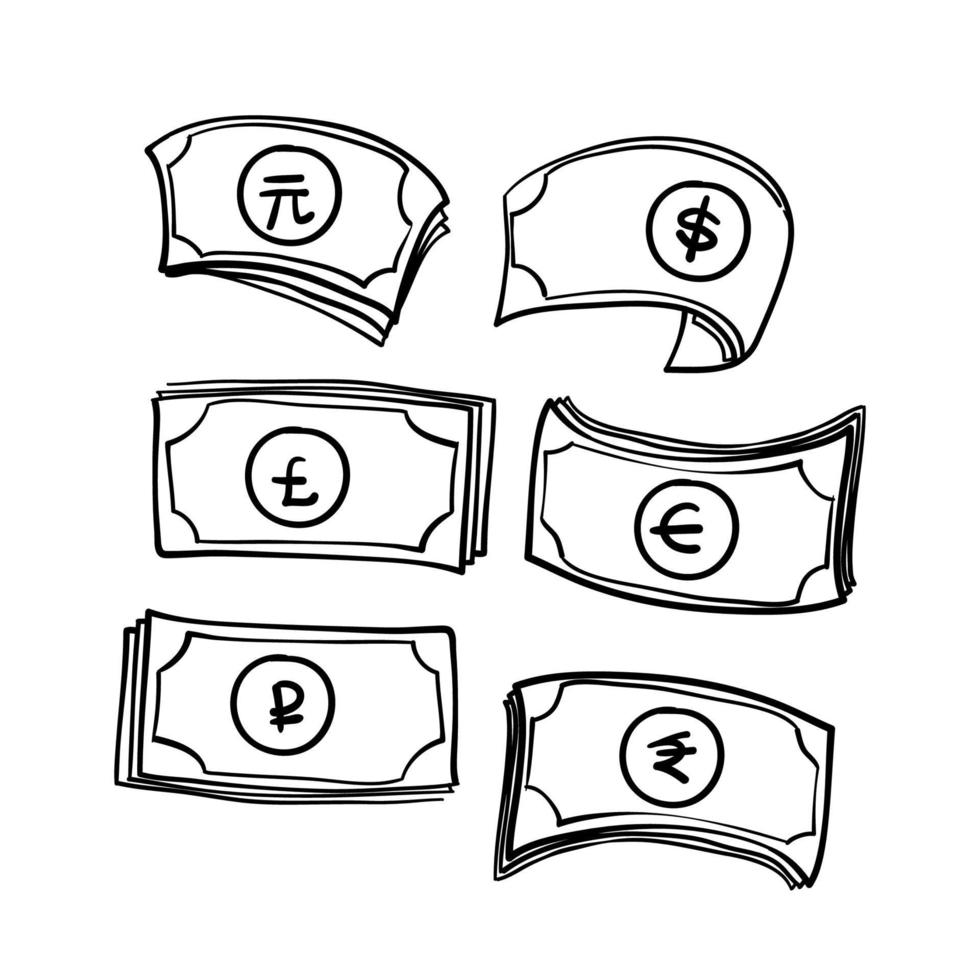 conjunto de dibujado a mano el símbolo de moneda más popular. dólar, euro, yen, yuan, libra, rupia, rublo firma doodle vector