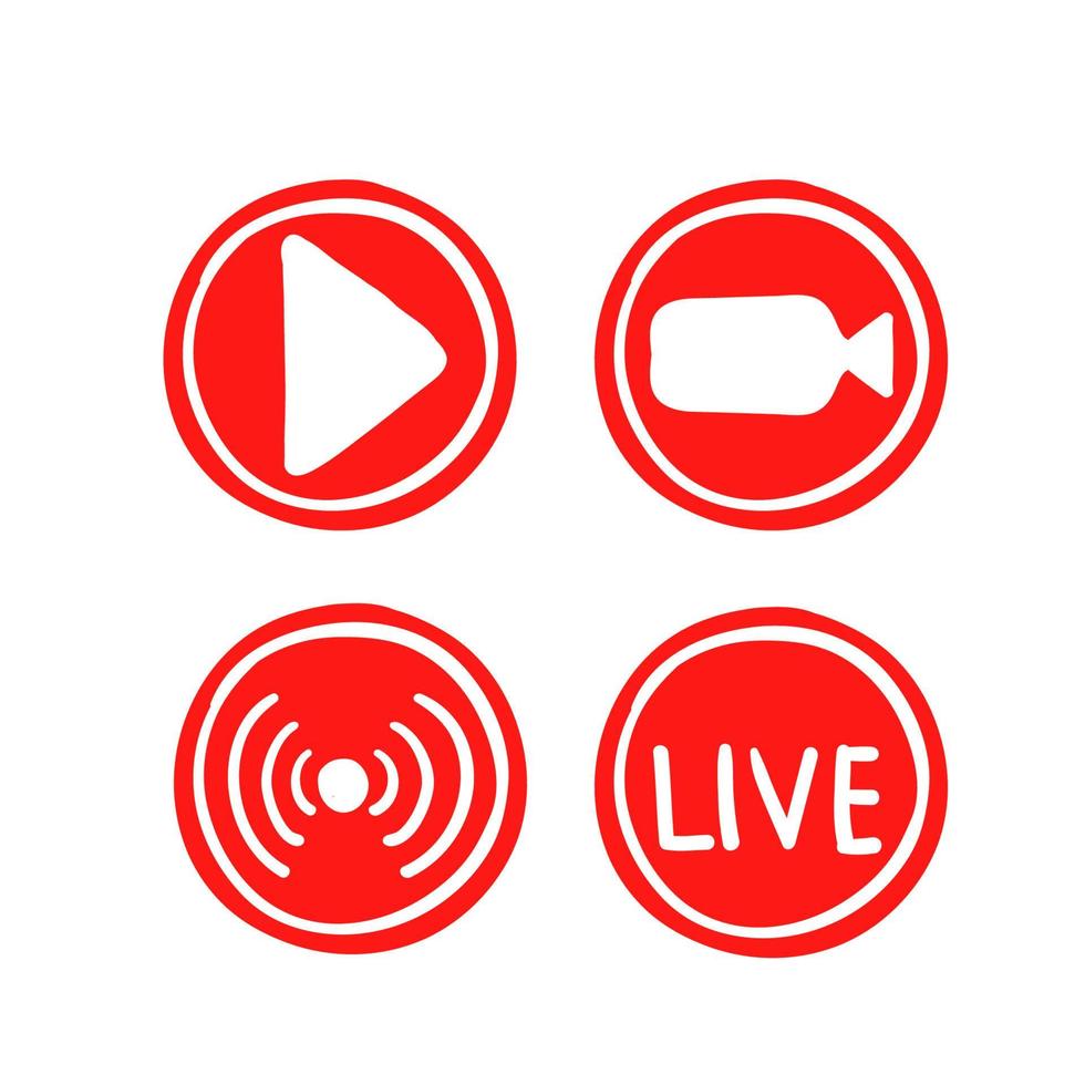 Set hand drawn of live streaming icons. Set of video broadcasting and live streaming icon. Button, red symbols for TV, news, movies, shows. doodle vector