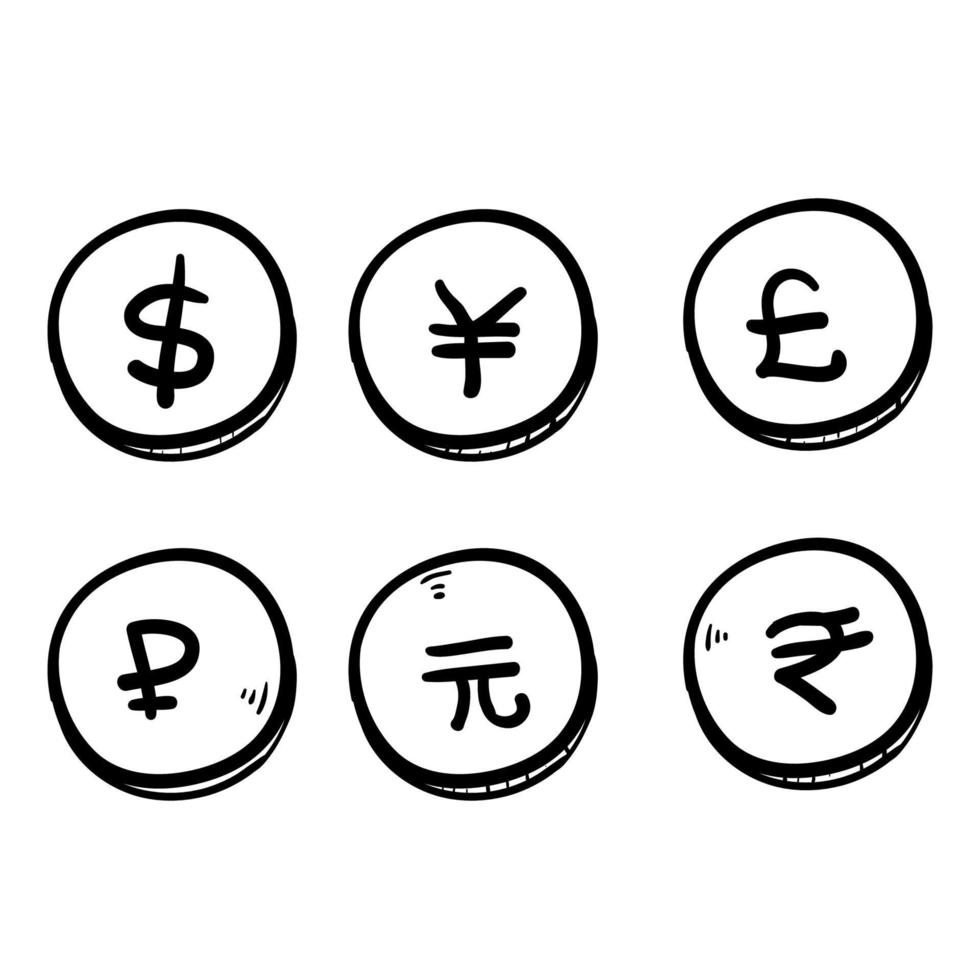 Set of hand drawn the most popular currency symbol. Dollar, euro, yen, yuan, pound, rupee, ruble signs doodle vector