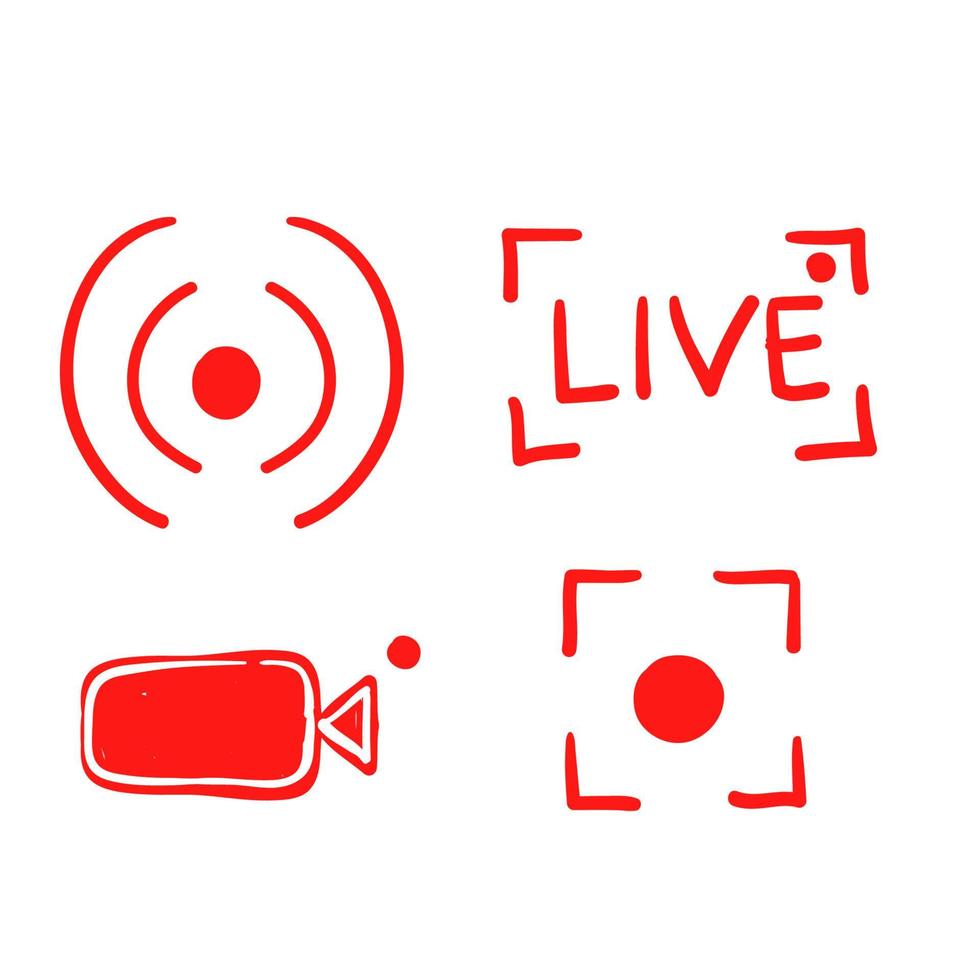 Set hand drawn of live streaming icons. Set of video broadcasting and live streaming icon. Button, red symbols for TV, news, movies, shows. doodle vector