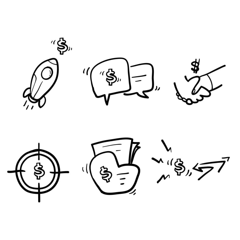 conjunto simple dibujado a mano de iconos de línea de vector relacionados con negocios y dinero. con estilo garabato