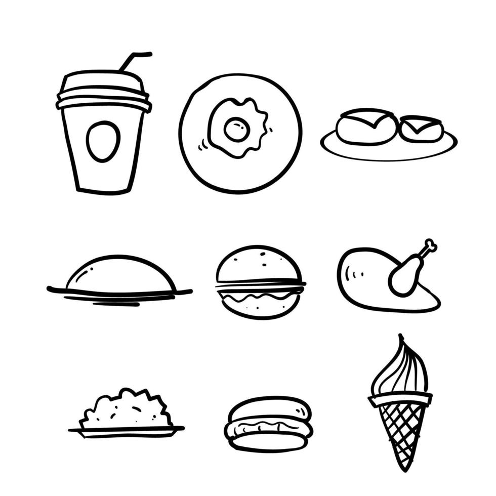 hand drawn Set of Foods, Drinks Related Vector Line Icons in doodle style vector