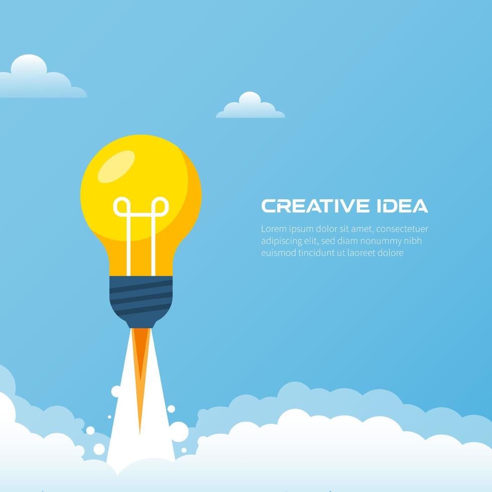 Creative idea. Bright luminous bulb in the form of a rocket flies up with text. Startup, Brainstorm, creating a new concept vector