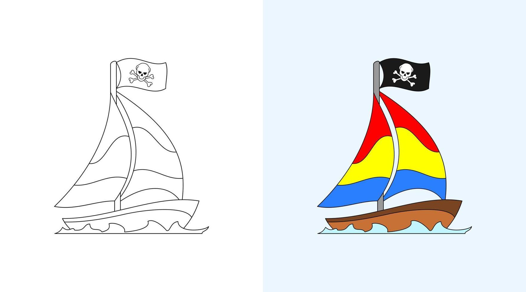 sailing ship vector, coloring book or page, education for kids, vector illustration.