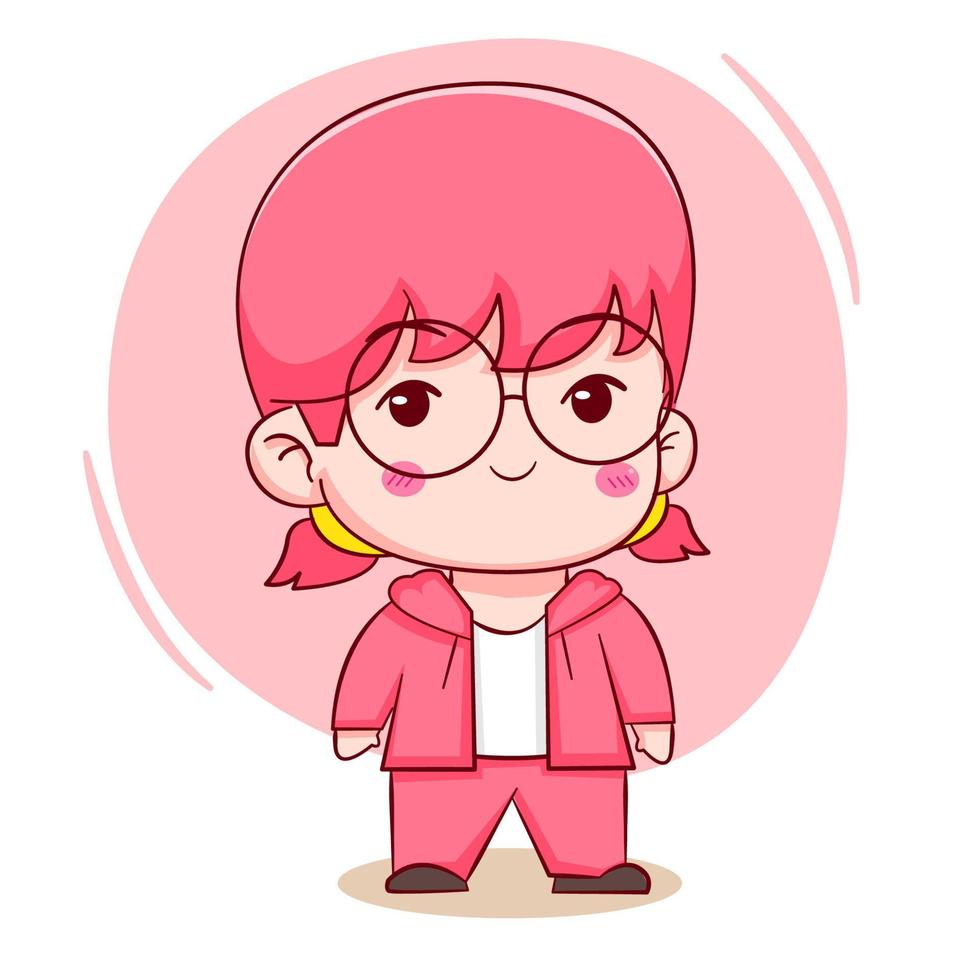 Cute cartoon character of cute red hair girl wearing glassess Hand drawn style flat character isolated background vector