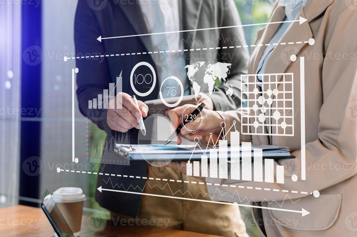 Intelligence and business analytics with key performance indicators dashboard concept.StartUp Programming as Fintech concept.Business team meeting. Photo professional investor