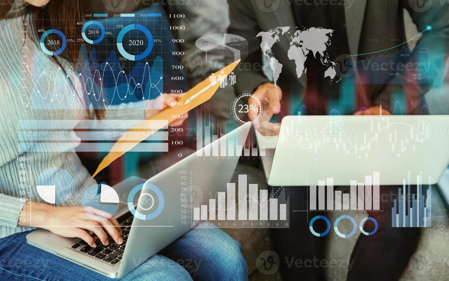 Data Management System with Business Analytics concept. business team hands working with provide information for Key Performance Indicators and marketing analysis onn photo