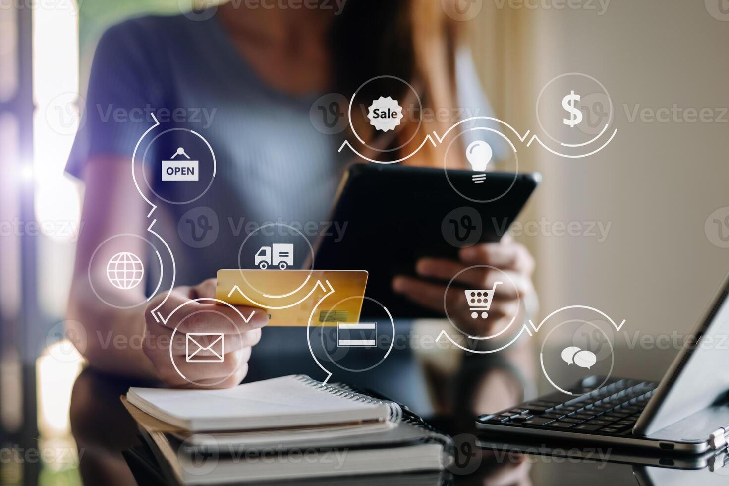 Business woman hands using smartphone and holding credit card with digital layer effect diagram as Online shopping concept photo