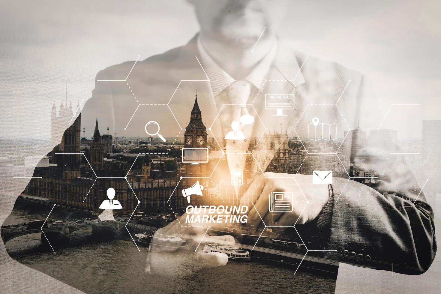 Double exposure of success businessman holding neck tie with London building,Oxford,front view,filter effect photo