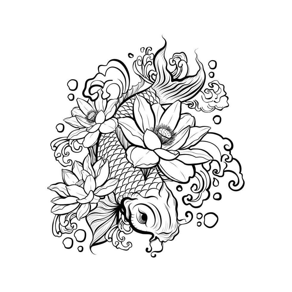 outline koi fish, water waves and lotus flowers. vector