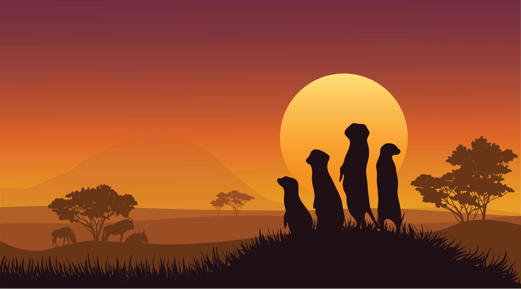 Meerkats in African Landscape at Sunset. Vector illustration of sunset, safari.