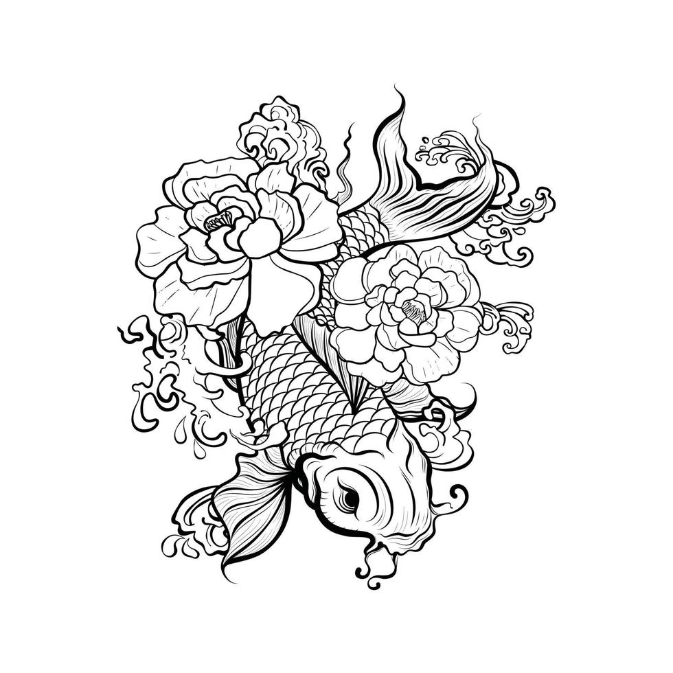 outline koi fish, water waves and peony flowers. vector