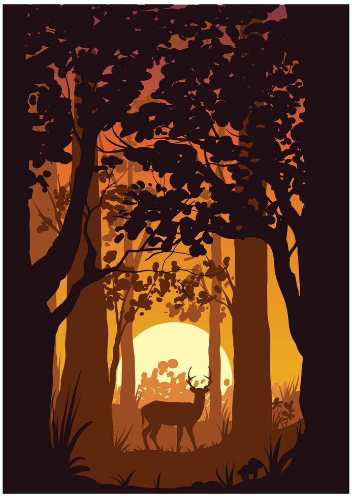 deer in forest and sunset vector