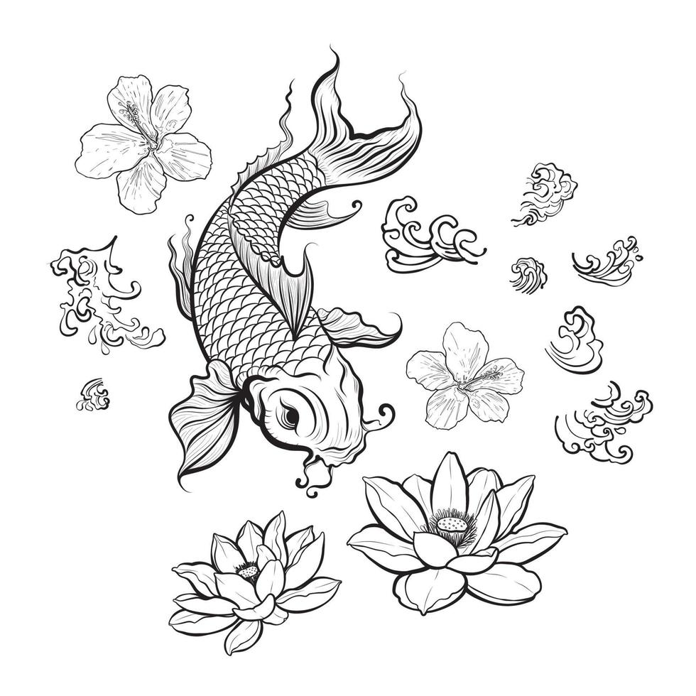 outline koi fish, water waves, lotus and hibiscus flowers. vector