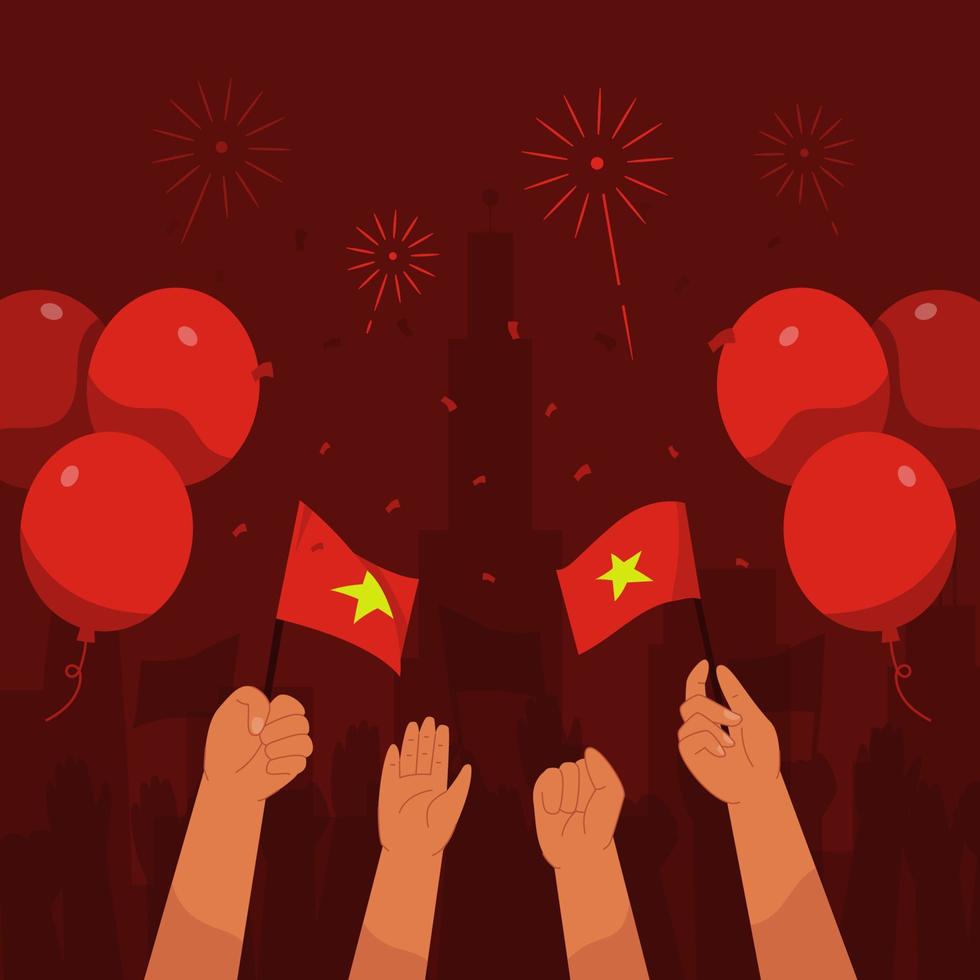 Vietnam independence day background with hands waving flag balloons and fireworks in flat design vector