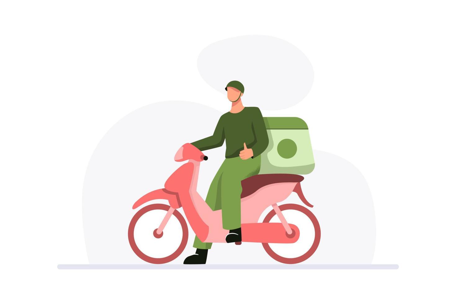 Food delivery service concept with staff using motorcycle and showing thumbs up vector