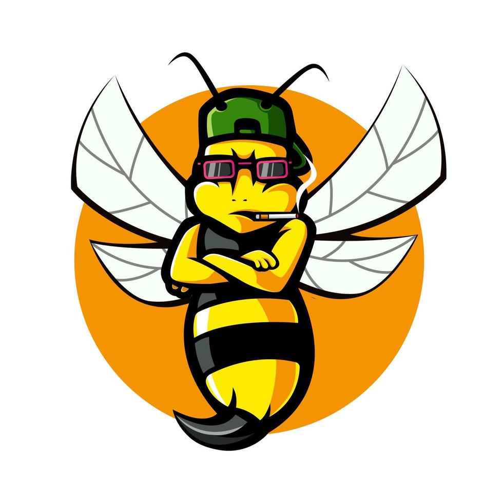 ilustración de una abeja que pica con gafas y un sombrero mientras fuma vector