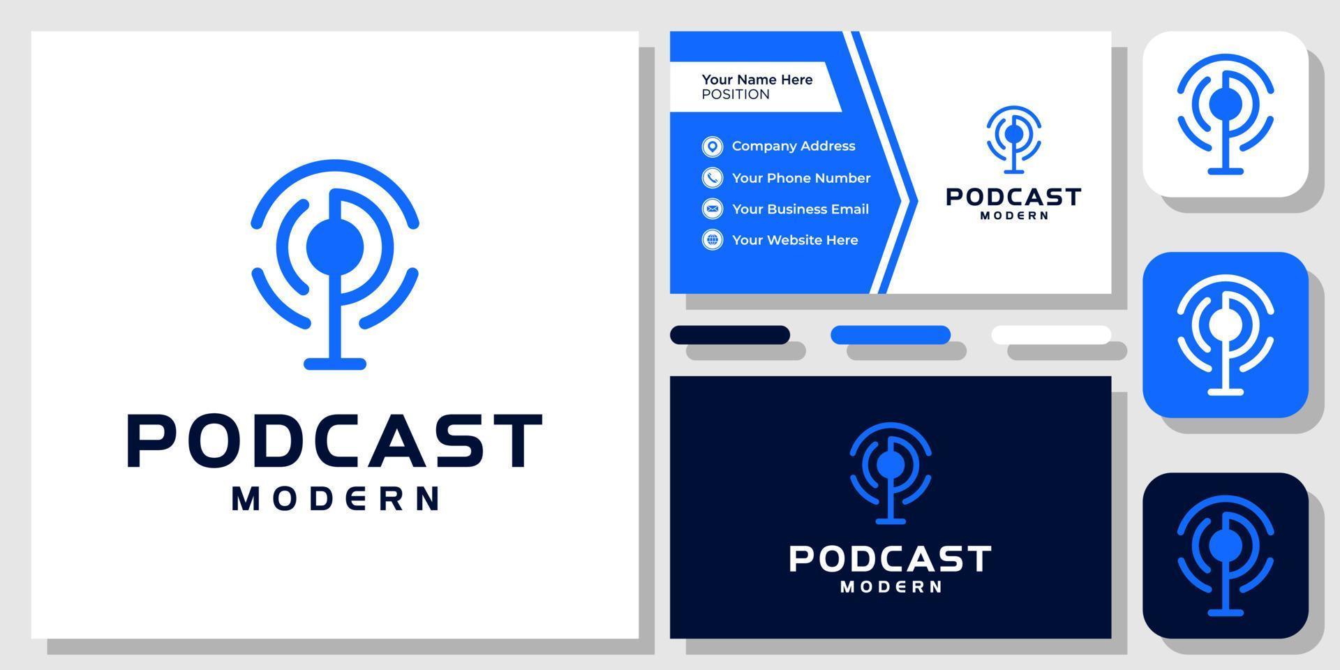 diseño de logotipo de icono de círculo de transmisión de micrófono abstracto moderno de podcast con plantilla de tarjeta de visita vector