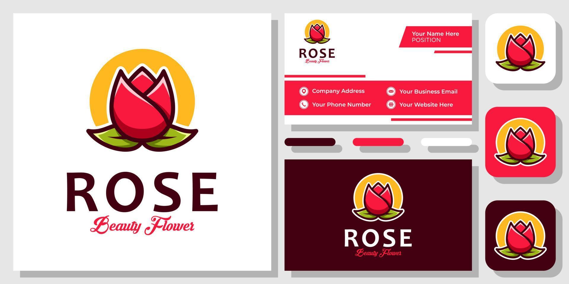 Rose Plant Blossom Flower Beauty Leaf Plant Bouquet Garden Logo Design with Business Card Template vector