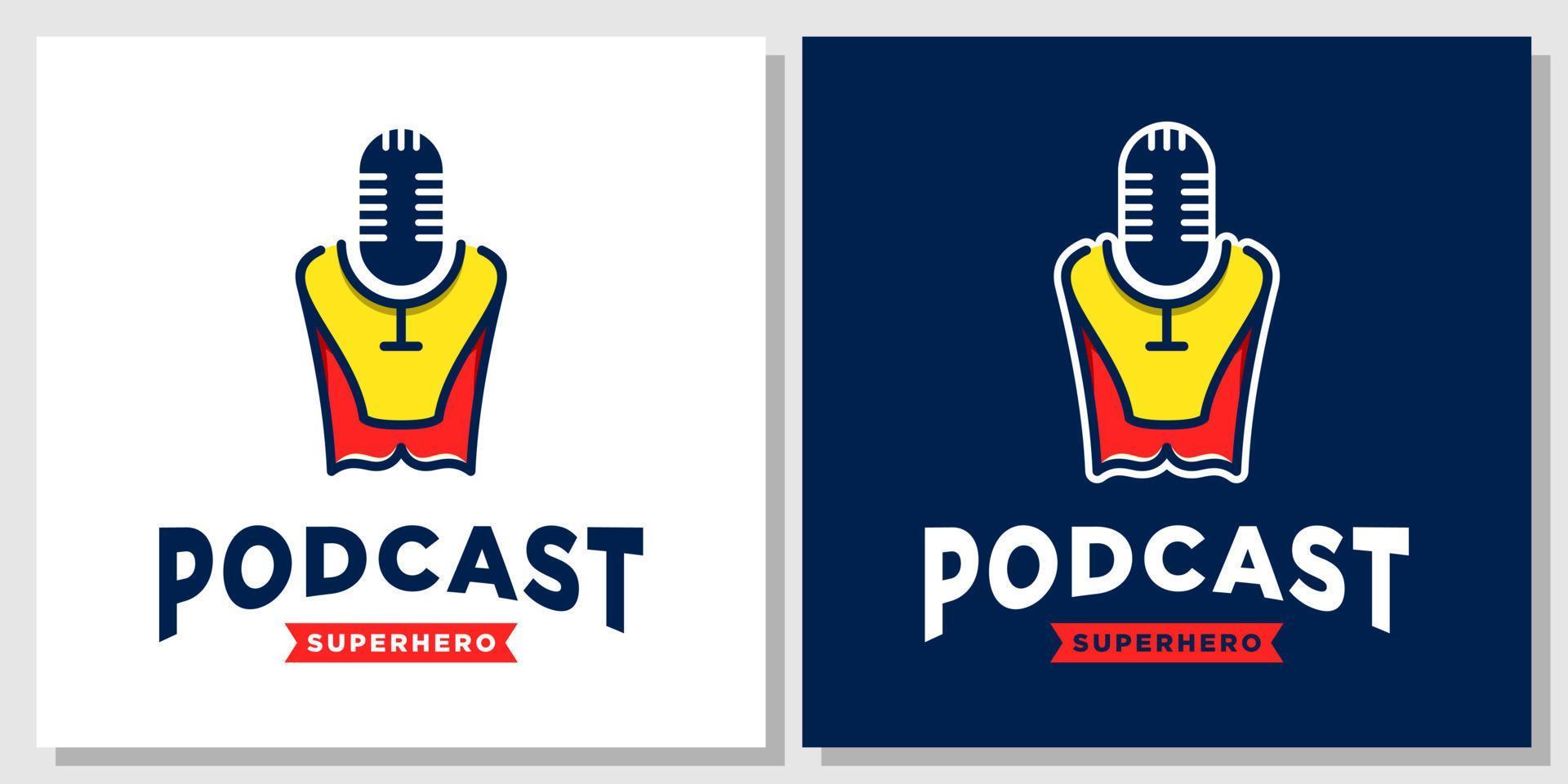 Podcast Super Hero Broadcast Microphone Mic Show Studio Logo Design with Business Card Template vector