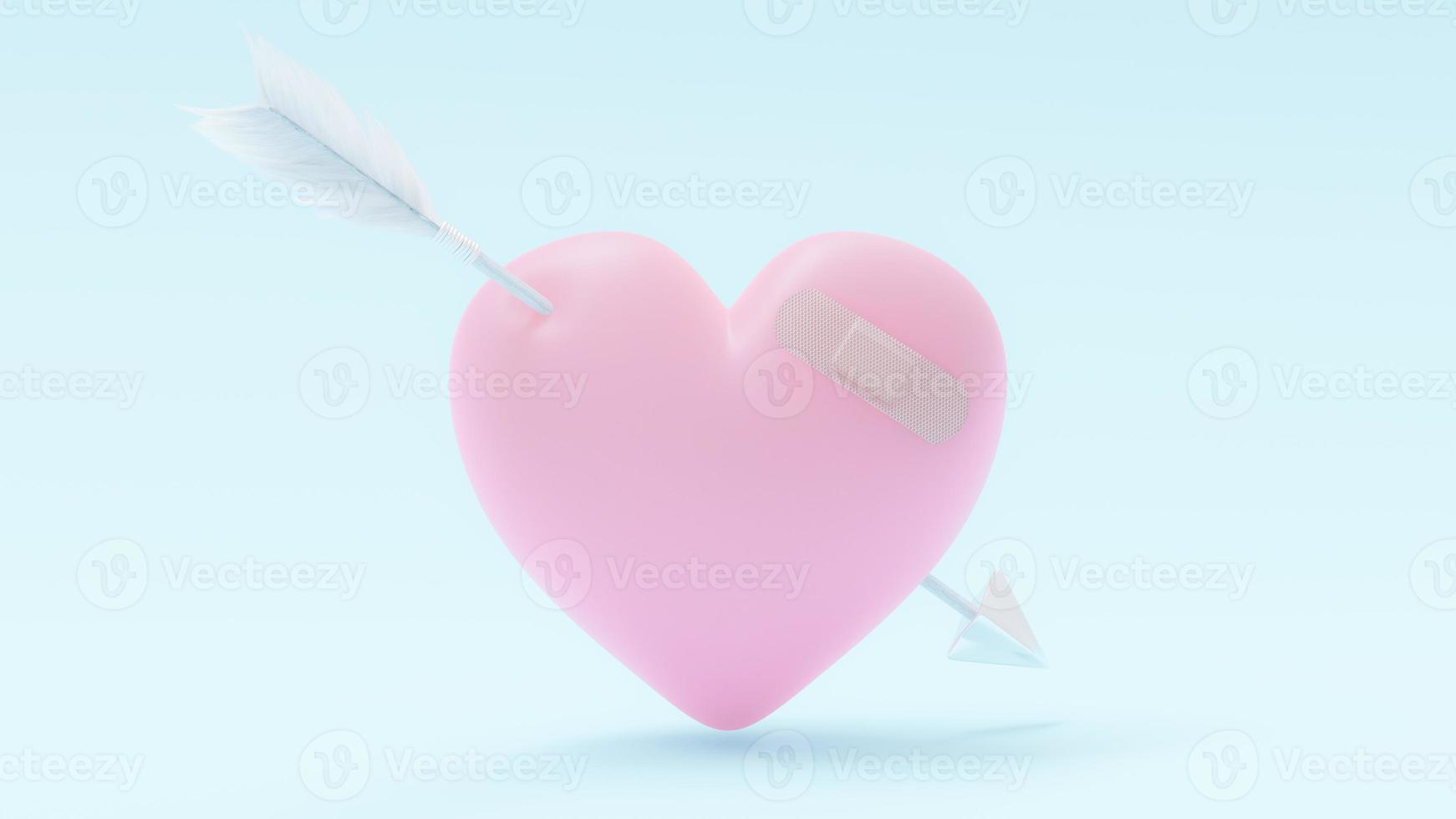 Pink heart with plaster and arrow on blue background. 3D Render. photo