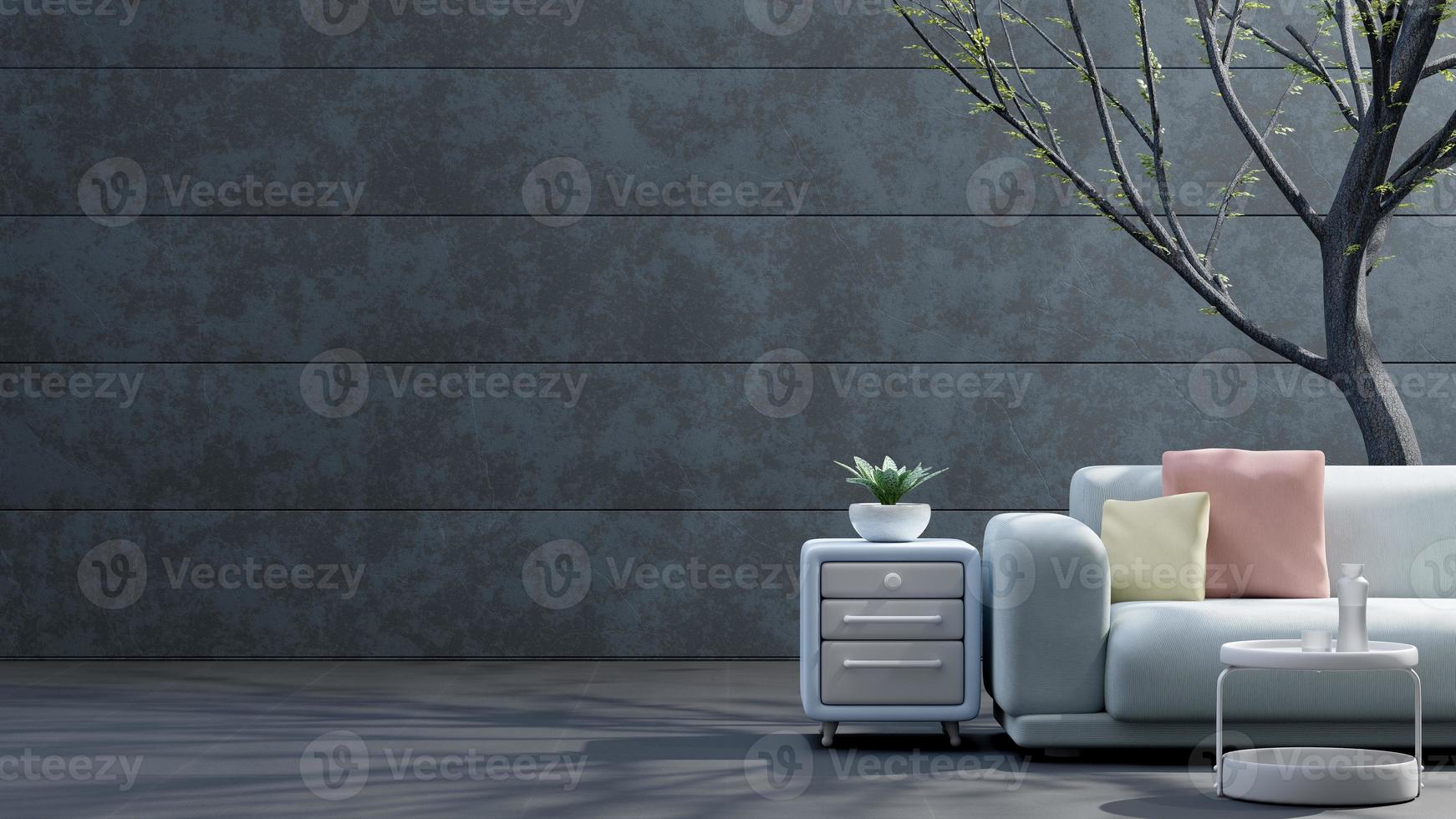 Blue Sofa with yellow and pink pillow in front wall, with plant beside it. Side light shadows the trees. Space for banner and logo background. 3D Render. photo