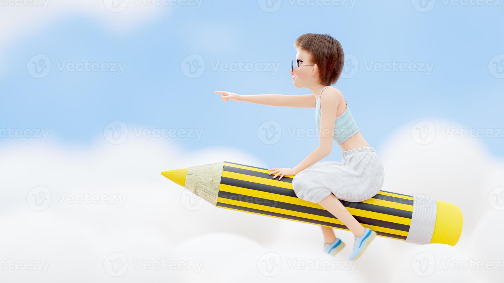 Little girl student is riding yellow pencil on white cloud. determined expression face and bright sky background. 3d render. photo