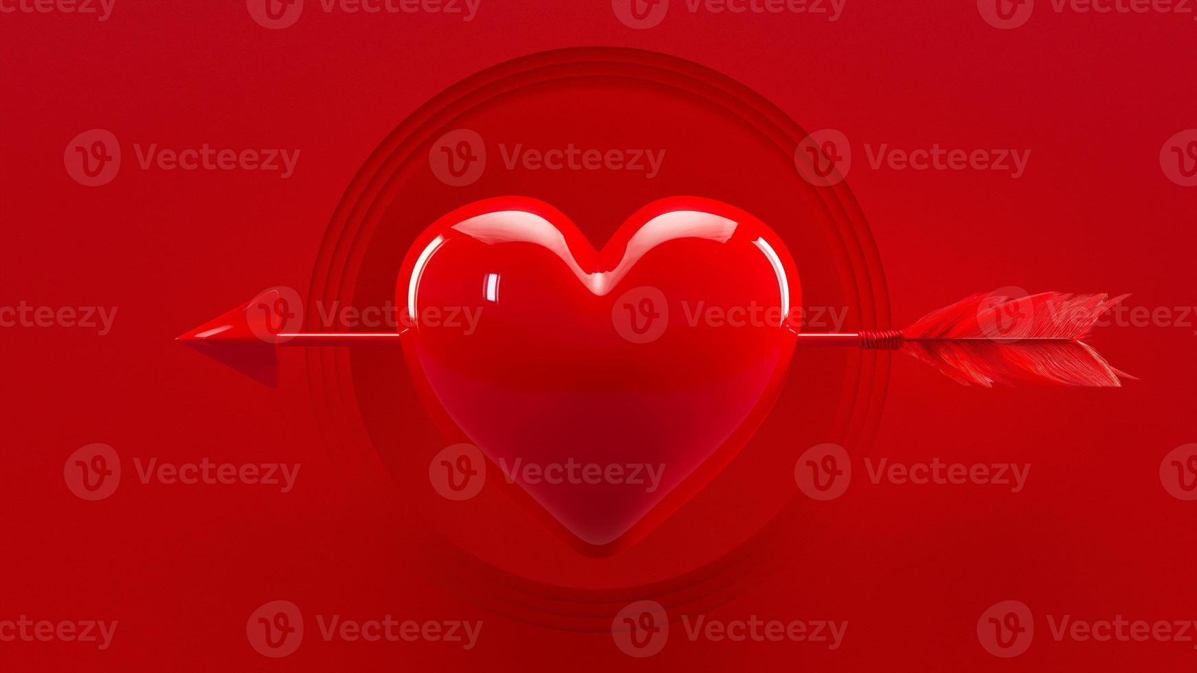 Red heart and arrow on red background. 3D Render. photo