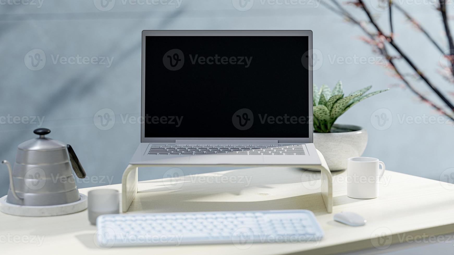 Laptop Mock-Up on work desk beside wall with plant beside it. Side light shadows the trees. 3D Render. photo