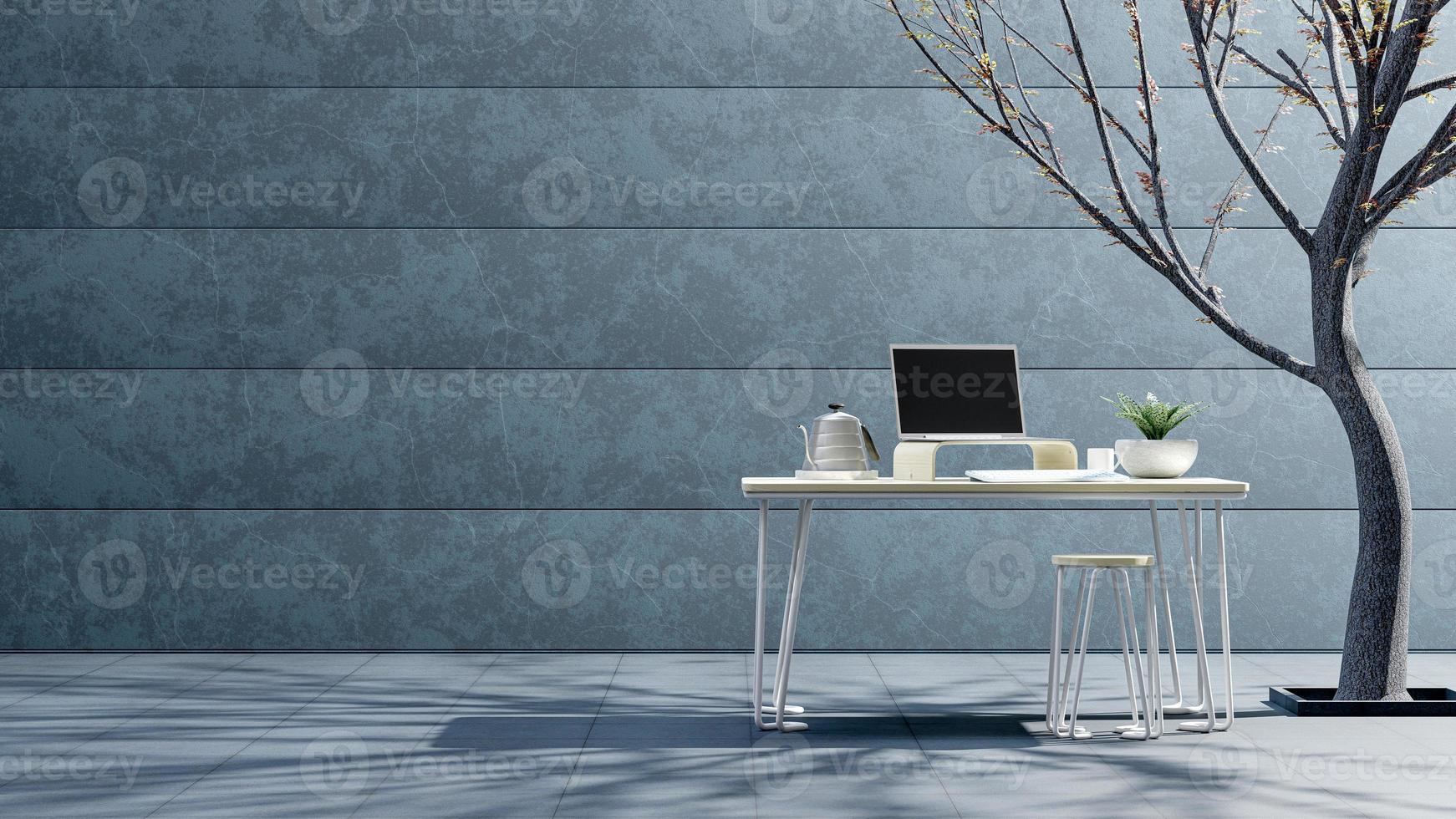 Laptop on work desk beside wall with plant beside it. Side light shadows the trees. Space for banner and logo background. 3D Render. photo