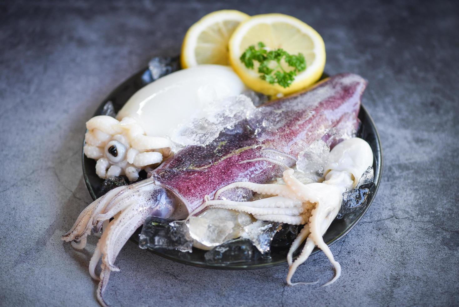 Raw squid with ice and salad spices lemon on the black plate background - fresh squids octopus or cuttlefish for cooked food at restaurant or seafood market photo