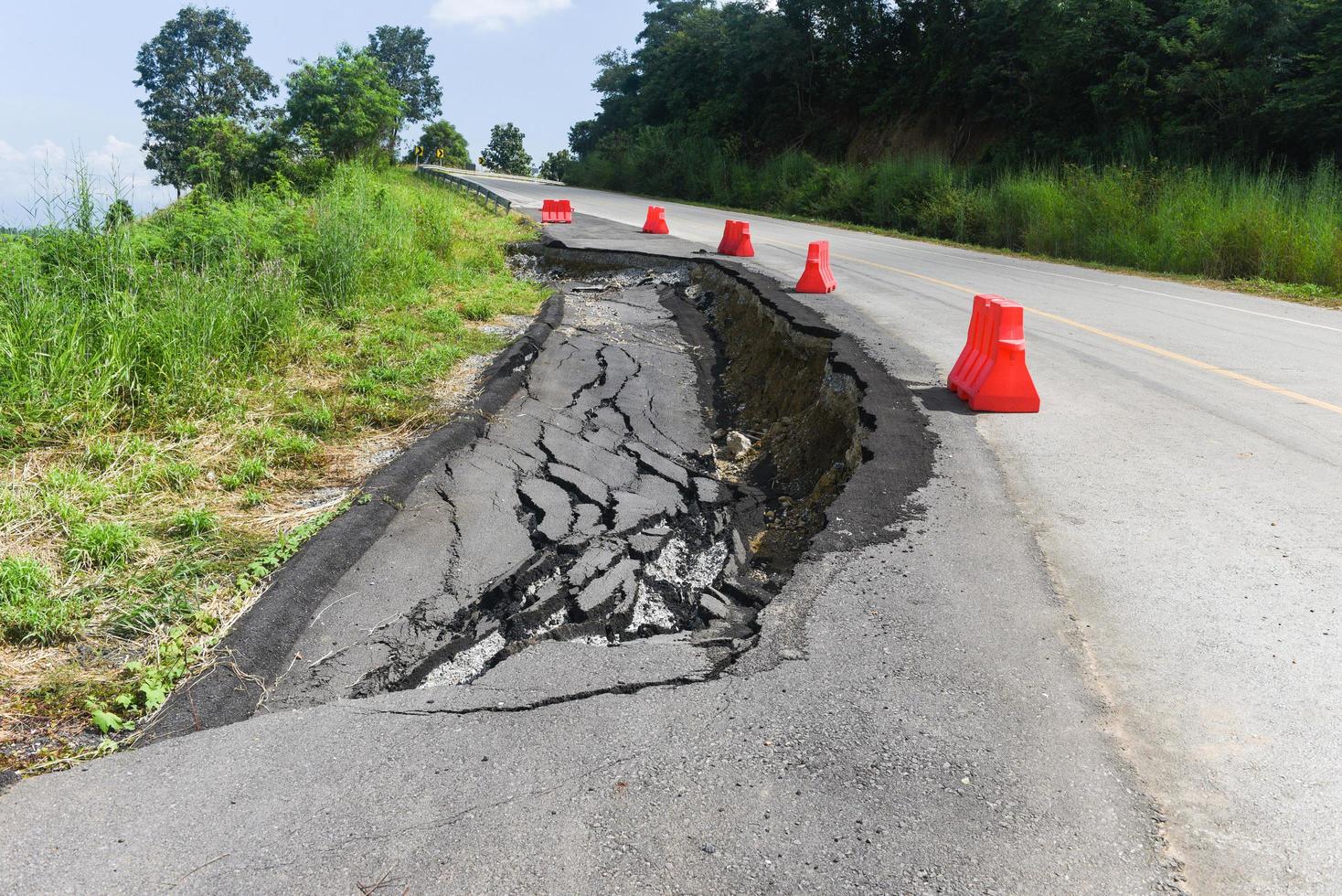 Asphalt road collapsed and cracks in the roadside - Road landslide subside with plastic barriers on uphill photo