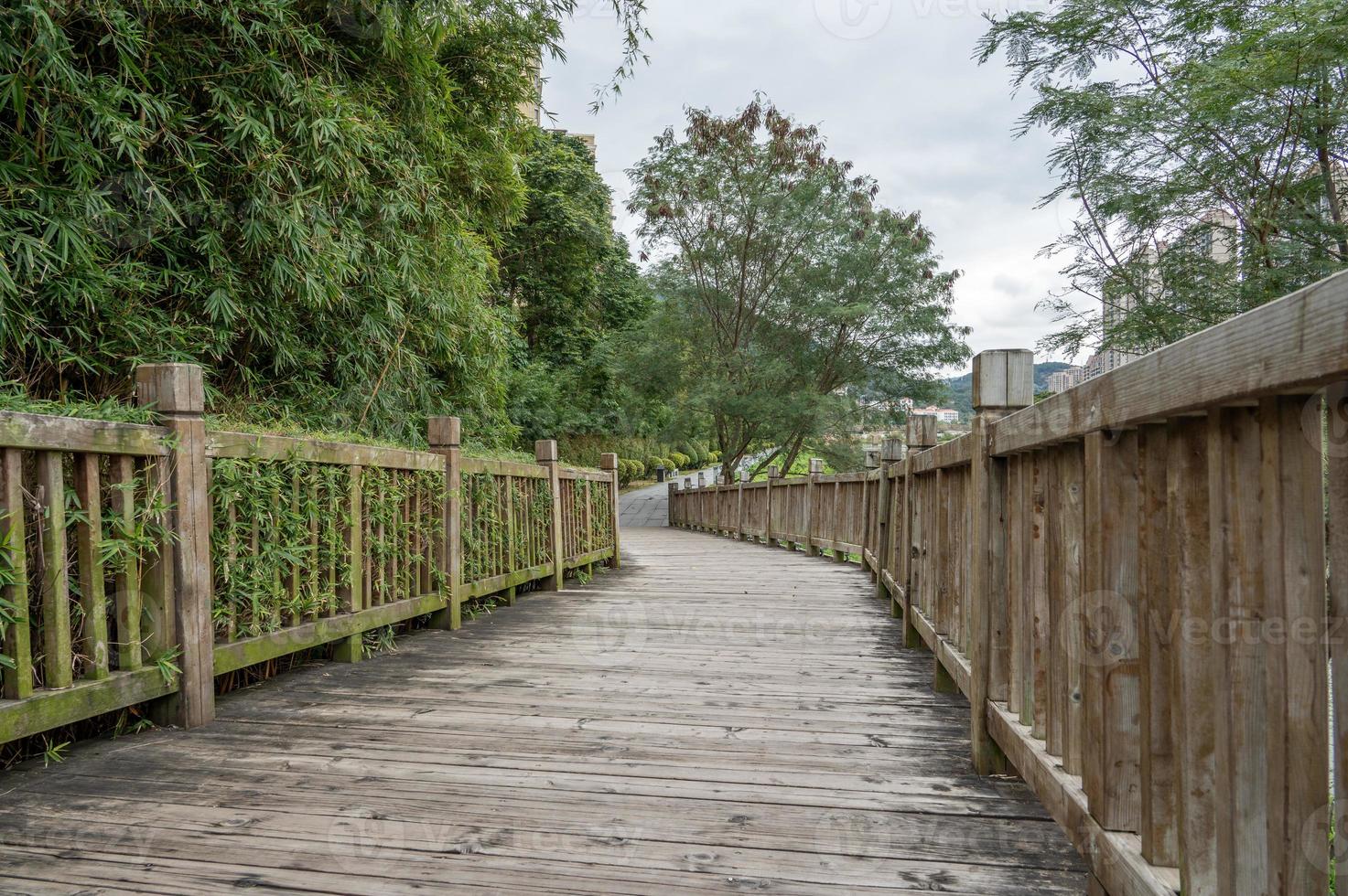 There is a wooden plank road in the park photo