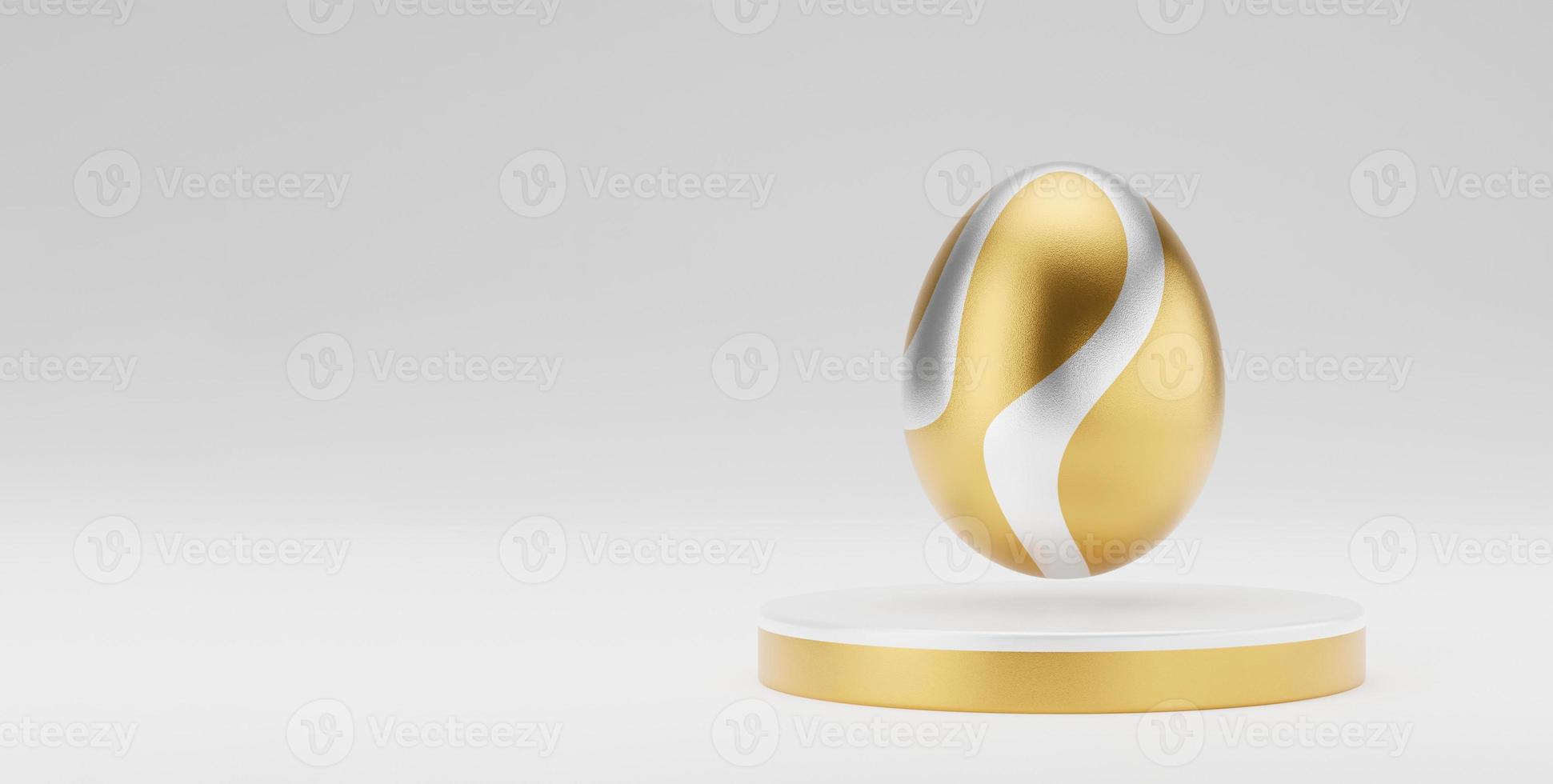 Golden Easter egg on podium 3d render illustration. happy easter day concept. minimal scene with pedestal and egg. photo