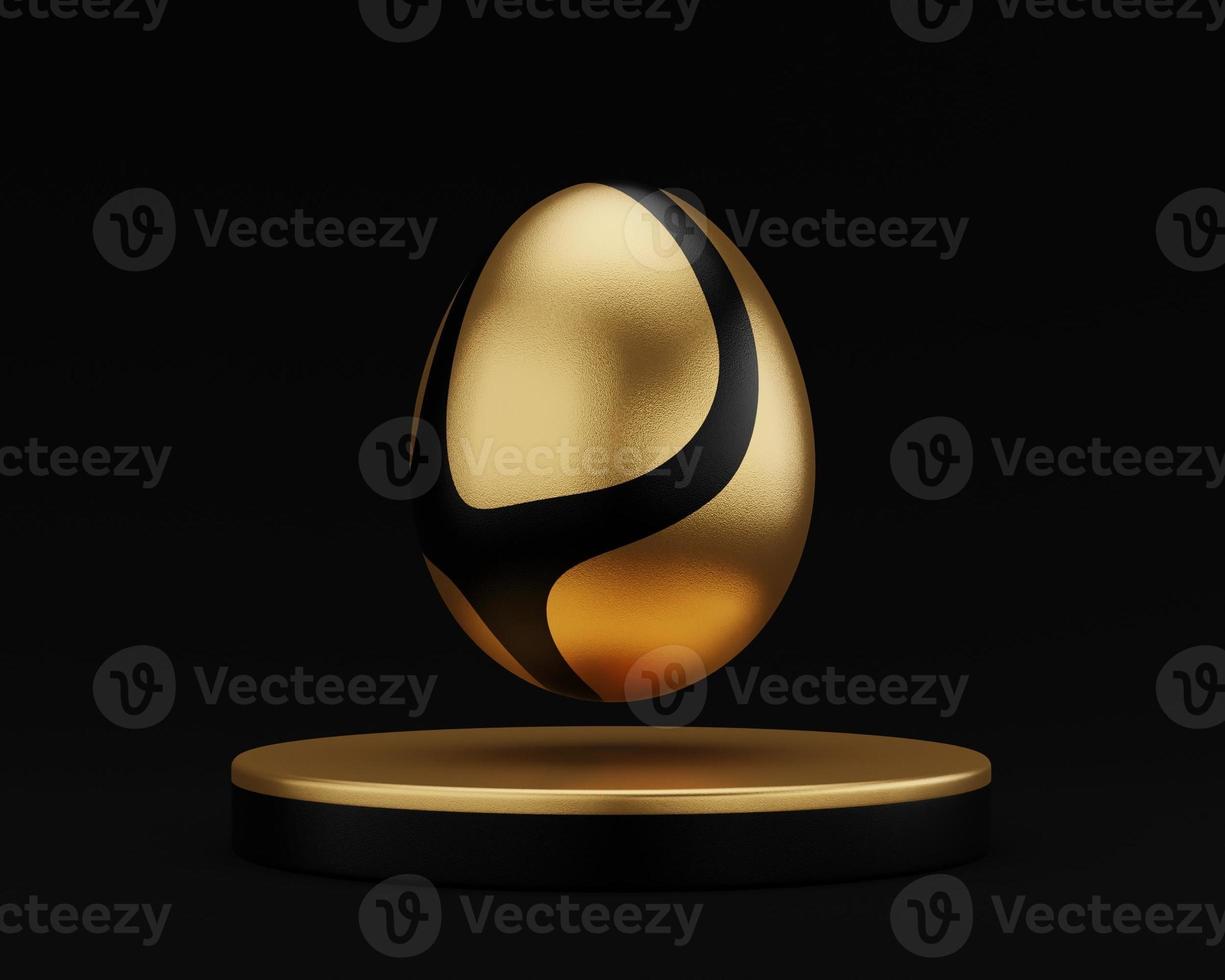 Golden Easter egg on podium 3d render illustration black background. happy easter day concept. minimal scene with pedestal and egg. photo