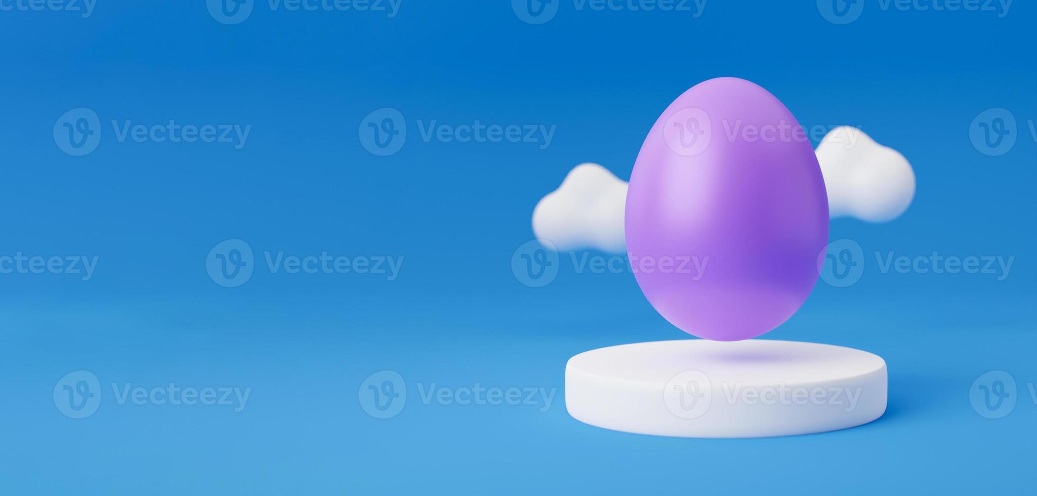 violet Easter egg on podium 3d render illustration on blue background with cloud. happy easter day concept. minimal scene with pedestal and egg. photo