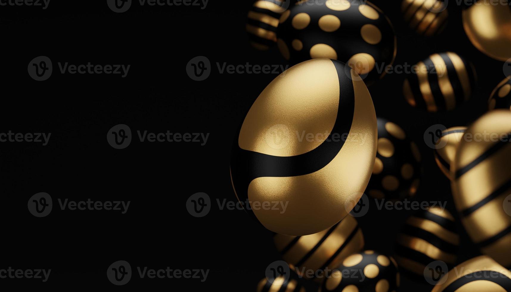 Easter composition with levitation 3d rendering golden egg. Happy easter creative banner with falling eggs on black background. 3d render illustrative with selective focus. photo