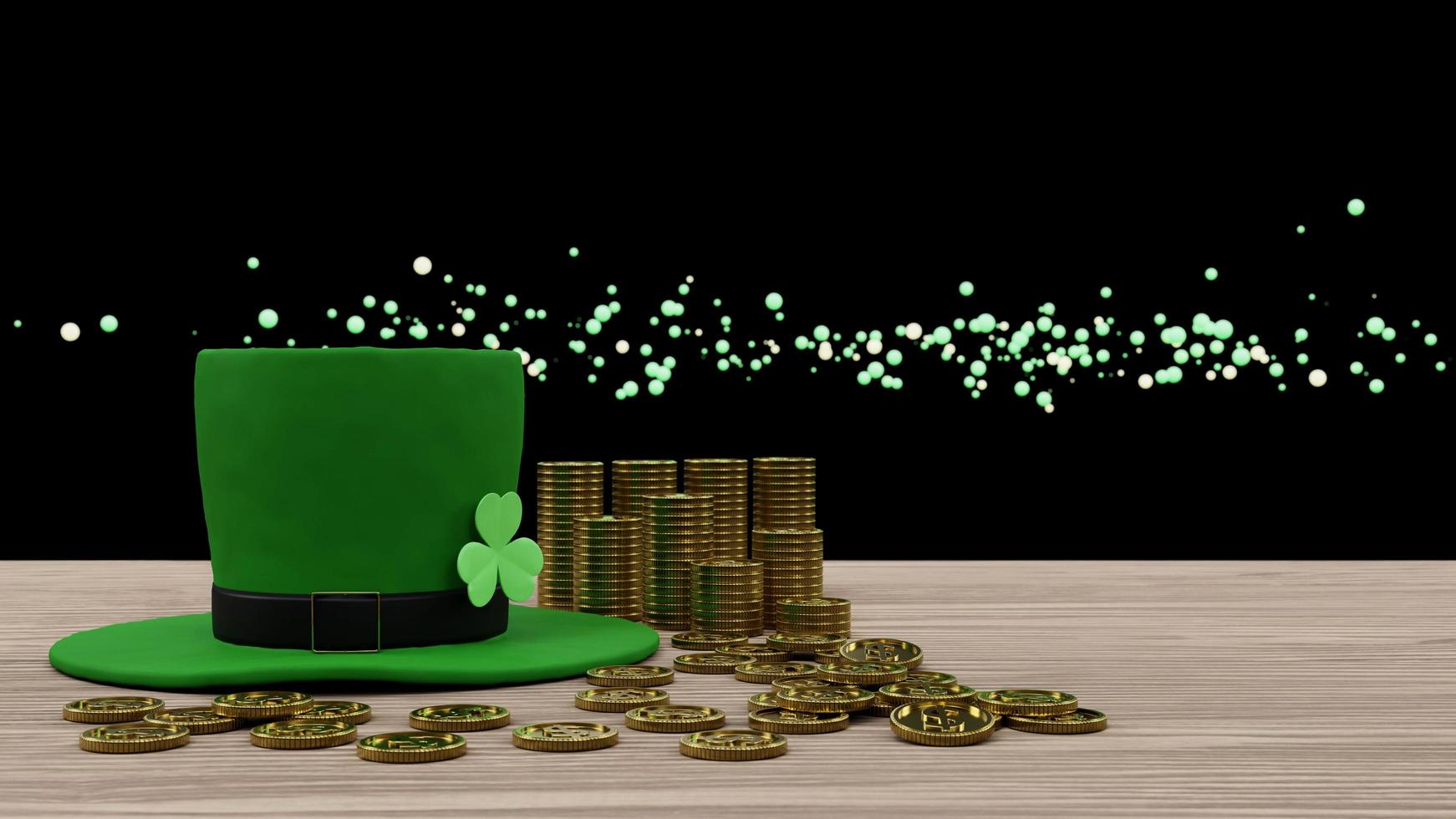 día de san patricio con sombrero de duende y moneda de oro ilustración 3d foto